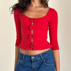 3D Rosette Front Hollow Out Vintage Half Sleeve Elegant Lady Slim Fit Y2K Crop Top