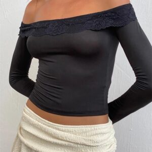 Off Shoulder Cropped Lace Patchwork Long Sleeve Slash Neck T-Shirts